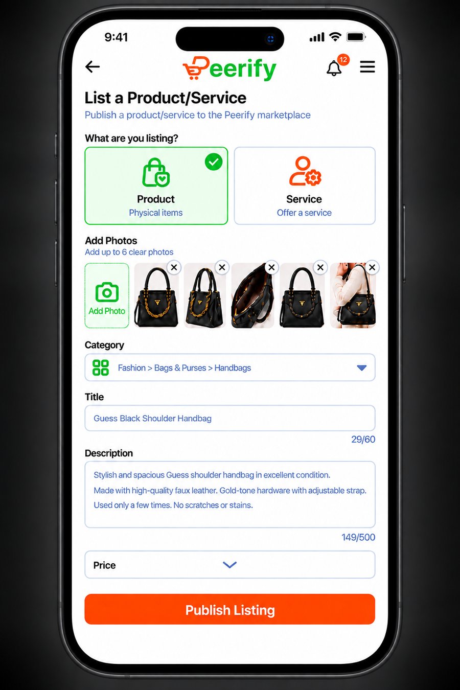 Peerify mobile app showing the List a Product/Service screen with photos, category, title, description, and price fields